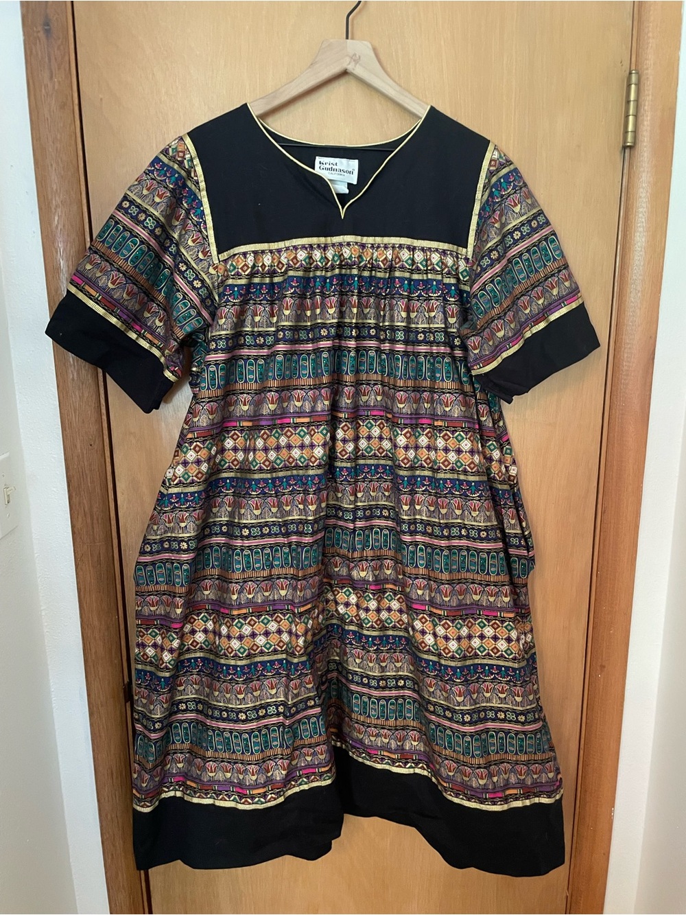 Vintage Krist Gudnason Gold Floral Geometric Cotton House Dress Size XXL